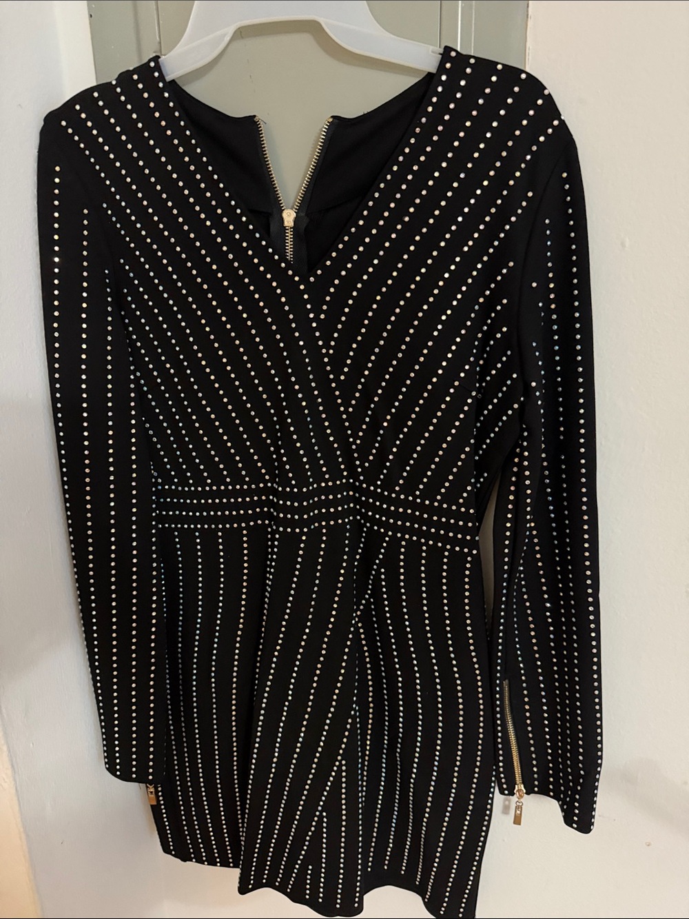 Black Studded Long-Sleeve Jumpsuit with Zip Detail